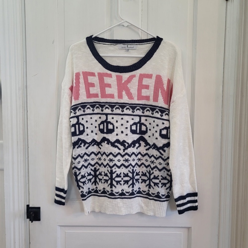 Simply Southern Women Weekend Fair Isle Gondola Winter Knit Sweater White L/XL - Picture 2 of 7